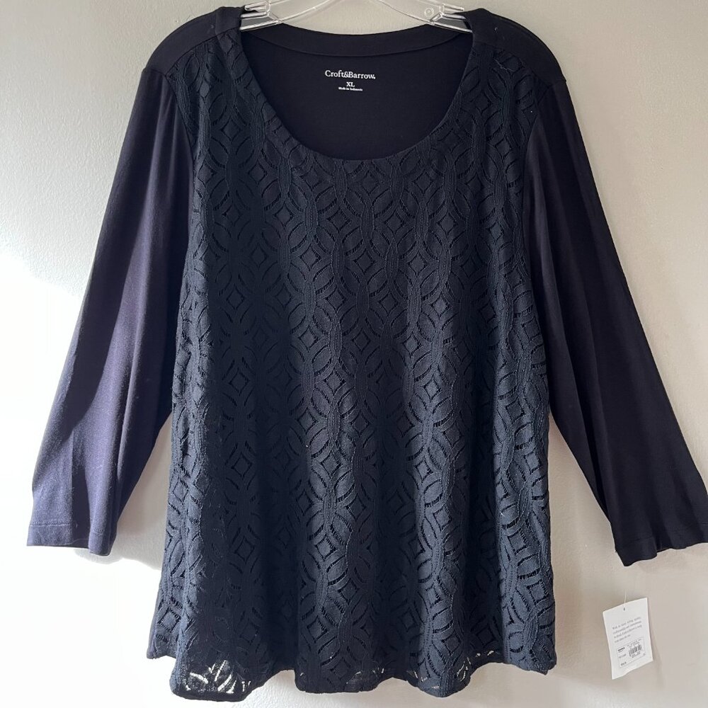 Croft n Barrow Sz XL Black Pullover Blouse Stretch Lined Lace Long Sleeve